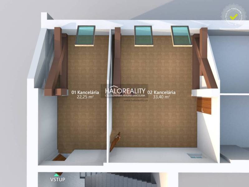 Prenájom, kancelársky priestor Bratislava Staré Mest... - Pôdorys kancelárií s podlahou s dreveným dekorom, rozmery 22,25 m² a 33,40 m².