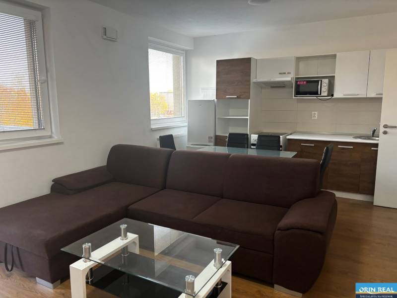 ZARIADENÁ NOVOSTAVBA 1, 5 izb. bytu- DUBOVÝ VŔŠOK - Obývačka s kuchynským kútom, hnedou sedačkou a podlahou s dreveným dekorom v 2-izbovom byte.