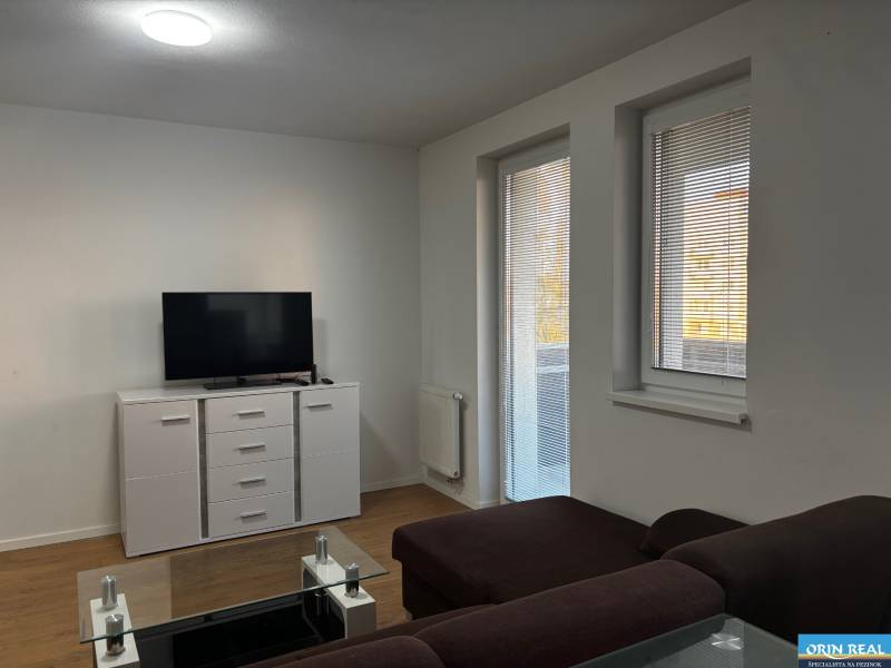 ZARIADENÁ NOVOSTAVBA 1, 5 izb. bytu- DUBOVÝ VŔŠOK - Obývačka v 2-izbovom byte s pohovkou, televízorom a podlahou s dreveným dekorom.