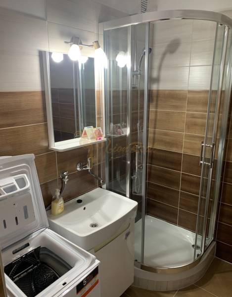 2-izb. byt, Nobelova ul., Nové Mesto, 2.p./7, balkón - Kúpeľňa v 2-izbovom byte s umývadlom, sprchovým kútom a práčkou.