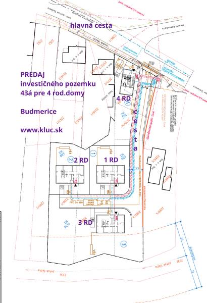 Novinka: Ponuka pre investorov: 4 stavebné pozemky s úz.rozhodnutím. - Plán pozemkov v Budmericiach pre štyri rodinné domy na predaj.