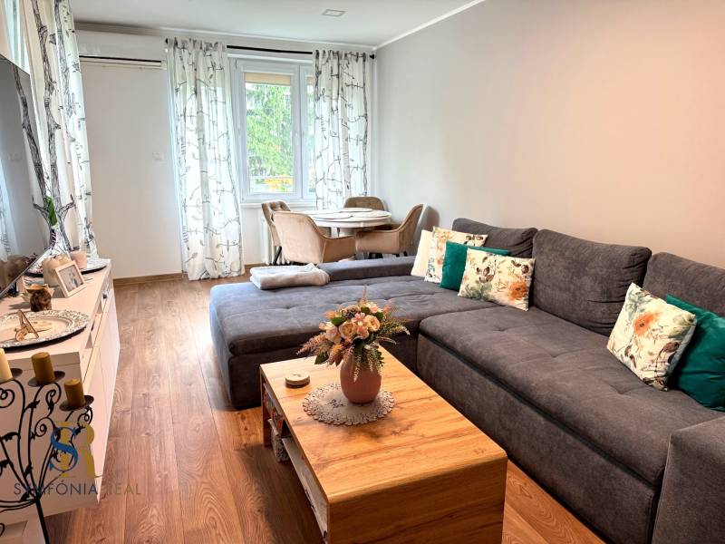 2-izbový byt v Seredi- bez rezervačnej zálohy - Obývacia izba s rohovou sedačkou, dekoratívnymi vankúšmi a podlahou s dreveným dekorom.