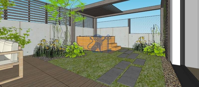 NA PREDAJ 5i rekreačný RD | Pekná cesta | Lesopark Rača  - Terasa rodinného domu s prístreškom, rastlinami a podlahou s dreveným dekorom.