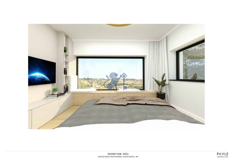 NA PREDAJ 5i rekreačný RD | Pekná cesta | Lesopark Rača  - Spálňa v rodinnom dome s veľkým oknom, posteľou a televízorom na stene.