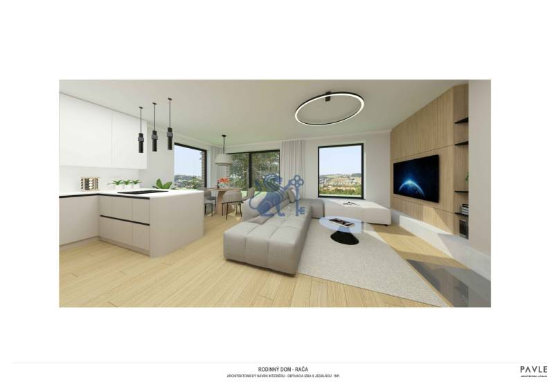 NA PREDAJ 5i rekreačný RD | Pekná cesta | Lesopark Rača  - Obývacia izba s jedálňou v rodinnom dome. Podlaha s dreveným dekorom, svetlá kuchyňa.