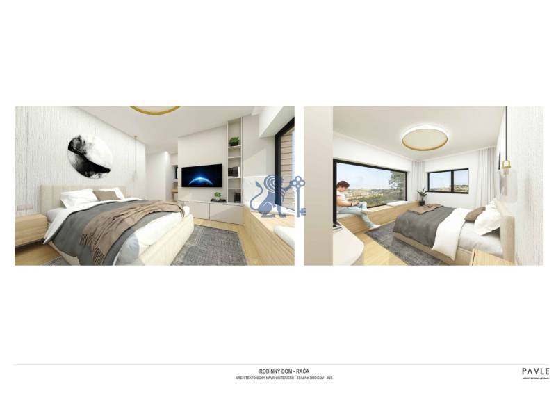 NA PREDAJ 5i rekreačný RD | Pekná cesta | Lesopark Rača  - Spálňa v rodinnom dome so svetlými prvkami, televízorom a výhľadom z okna.