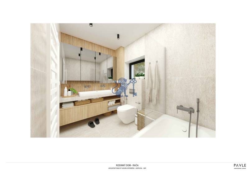 NA PREDAJ 5i rekreačný RD | Pekná cesta | Lesopark Rača  - Kúpeľňa v rodinnom dome s vaňou, zrkadlom a podlahou v drevenom dekore.