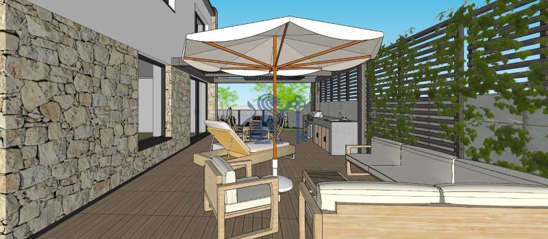 NA PREDAJ 5i rekreačný RD | Pekná cesta | Lesopark Rača  - Terasa s kamennou stenou, slnečníkom a kuchynským kútom v rodinnom dome.