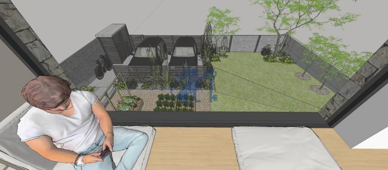 NA PREDAJ 5i rekreačný RD | Pekná cesta | Lesopark Rača  - Skica záhrady rodinného domu s výsadbou, parkovaním a oddychovou zónou.