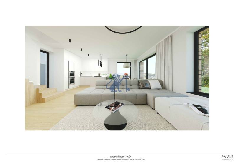 NA PREDAJ 5i rekreačný RD | Pekná cesta | Lesopark Rača  - Obývacia izba s kuchyňou obsahuje pohovku, jedálenský stôl a podlahu s dreveným dekorom.