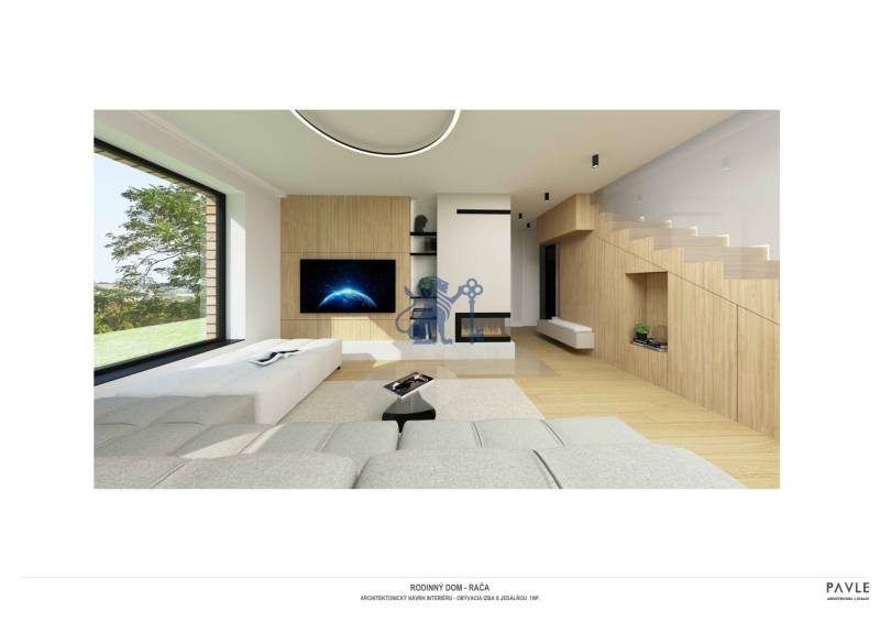 NA PREDAJ 5i rekreačný RD | Pekná cesta | Lesopark Rača  - Obývačka s krbom, televízorom a podlahou s dreveným dekorom v rodinnom dome.