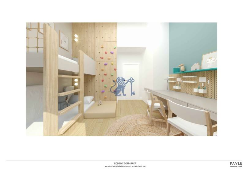 NA PREDAJ 5i rekreačný RD | Pekná cesta | Lesopark Rača  - Detská izba s poschodovou posteľou, lezeckou stenou a podlahou s dreveným dekorom v rodinnom dome.
