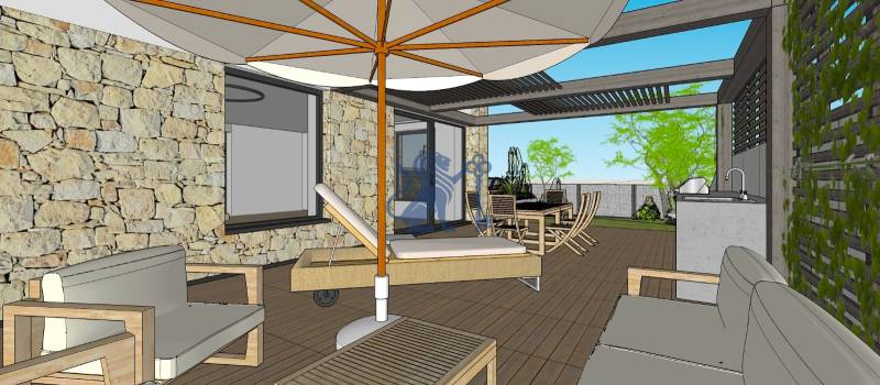 NA PREDAJ 5i rekreačný RD | Pekná cesta | Lesopark Rača  - Vonkajšia terasa rodinného domu s kamennou stenou a podlahou s dreveným dekorom.