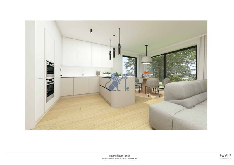 NA PREDAJ 5i rekreačný RD | Pekná cesta | Lesopark Rača  - Kuchyňa v rodinnom dome s bielymi skrinkami, obývačka a stôl, podlaha s dreveným dekorom.
