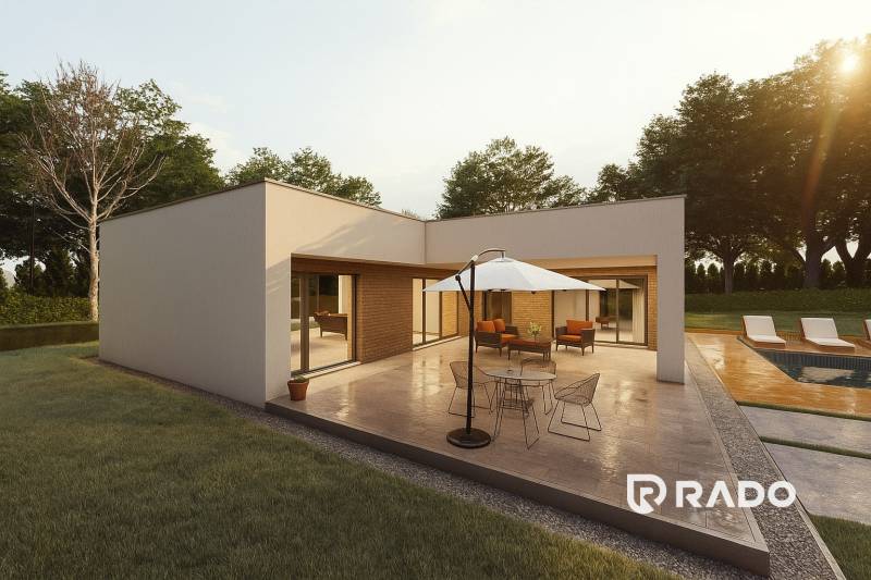 5-izbový dom 162m2 + pozemok 604m2 | Trenčianske Jastrabie - Rodinný dom v Trenčianskom Jastrabí s terasou, bazénom a záhradným nábytkom v záhrade.