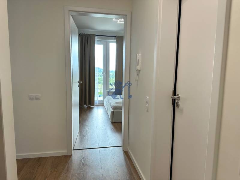 Nový 2-izbový byt na prenájom - Bory - Chodba v 2-izbovom byte s podlahou s dreveným dekorom a pohľadom na obývačku.