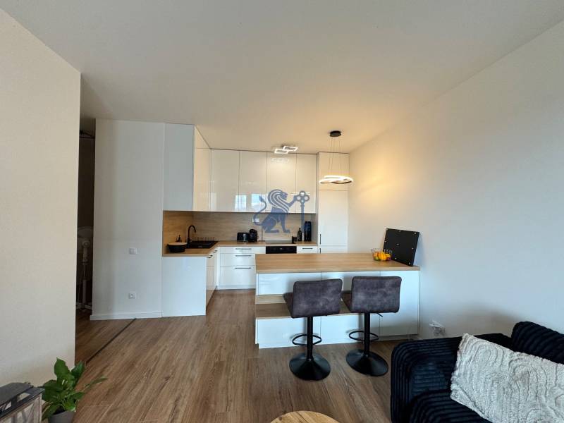 Nový 2-izbový byt na prenájom - Bory - Kuchyňa s ostrovčekom, podlahou s dreveným dekorom a v 2-izbovom byte.