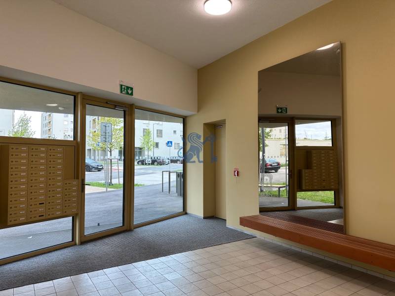 Nový 2-izbový byt na prenájom - Bory - Vchod so schránkami a sklenenými dverami na Michala Bučiča 5, Bratislava - Devínska Nová Ves.