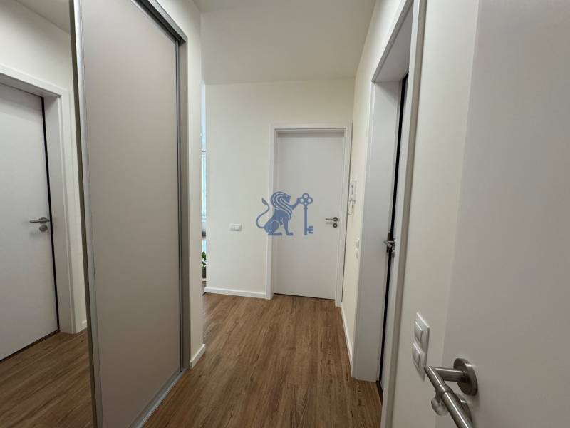 Nový 2-izbový byt na prenájom - Bory - Chodba v 2-izbovom byte s podlahou s dreveným dekorom a posuvnými dverami.