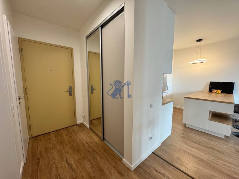 Nový 2-izbový byt na prenájom - Bory - Vstupná hala 2-izbového bytu s podlahou s dreveným dekorom, šatníkovou skriňou a kuchynským ostrovčekom.