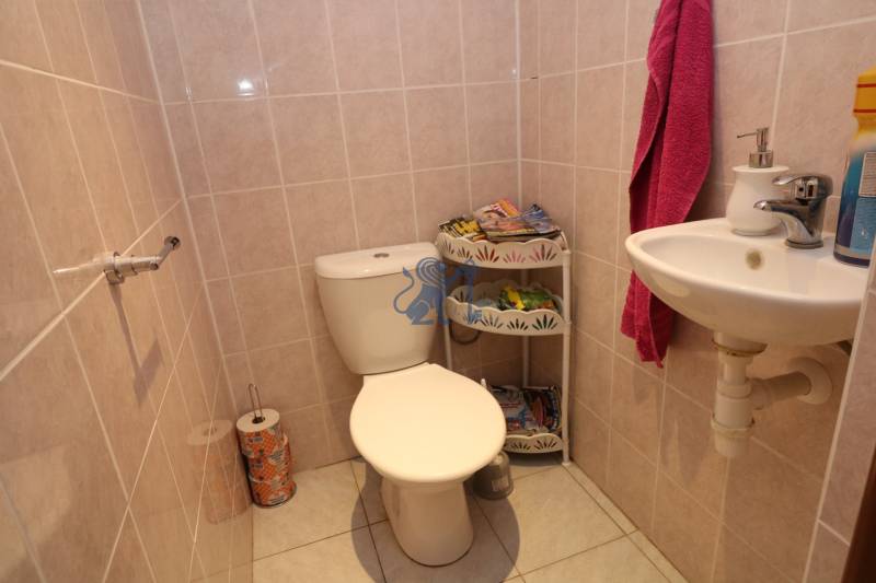 ZNÍŽENÁ cena - viacgeneračný  rodinný dom v Borinke  - Toaleta s umývadlom, nápadité dlaždice, patrón súrodý s rodinným domom na ulici Borinka.