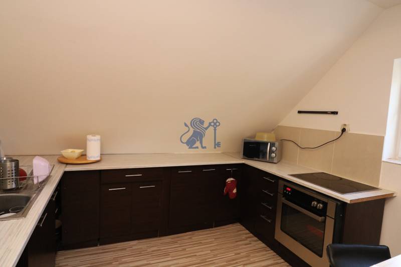 ZNÍŽENÁ cena - viacgeneračný  rodinný dom v Borinke  - Kuchyňa s tmavými skrinkami, varnou doskou a mikrovlnkou v dome na ulici Borinka.