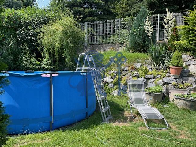 ZNÍŽENÁ cena - viacgeneračný  rodinný dom v Borinke  - Na záhrade rodinného domu pri ulici Borinka je bazén a lehátko na trávniku.