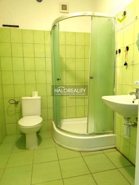 Prenájom, jednoizbový byt Nováky - Kúpeľňa so sprchovacím kútom a zelenými obkladmi v 1-izbovom byte.