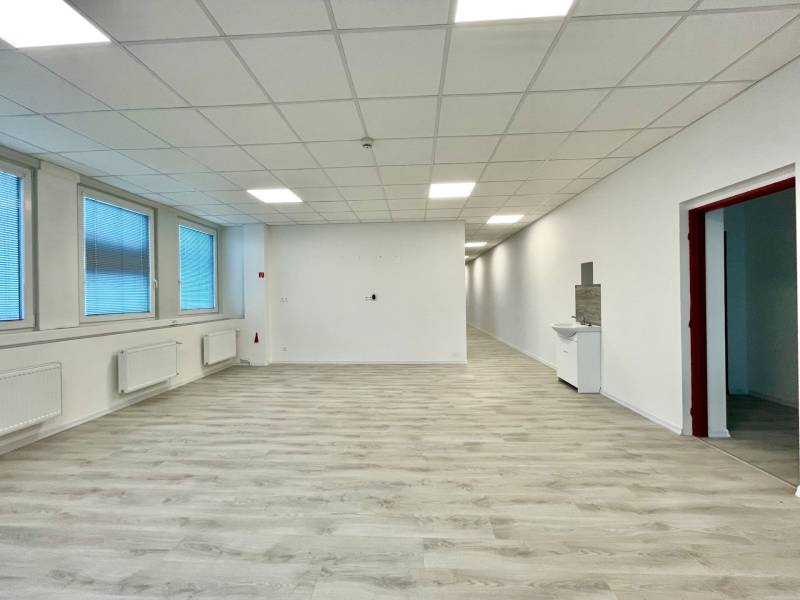 PRIESTORY, NA PRENÁJOM, CENTRUM TRENČÍN, ul. Jilemnického - Kancelárie s podlahou s dreveným dekorom, bielymi stenami a veľkými oknami.