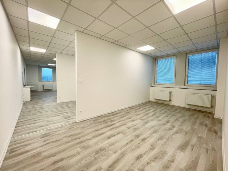 PRIESTORY, NA PRENÁJOM, CENTRUM TRENČÍN, ul. Jilemnického - Kancelárie s bielym stropom a podlahou s dreveným dekorom, dva veľké okná.