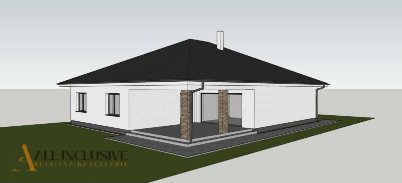 PREDPREDAJ | 4-IZBOVÝ RODINNÝ DOM V OBCI BAJČ - Vizualizácia rodinného domu v Bajči s tmavou strechou a terasou.