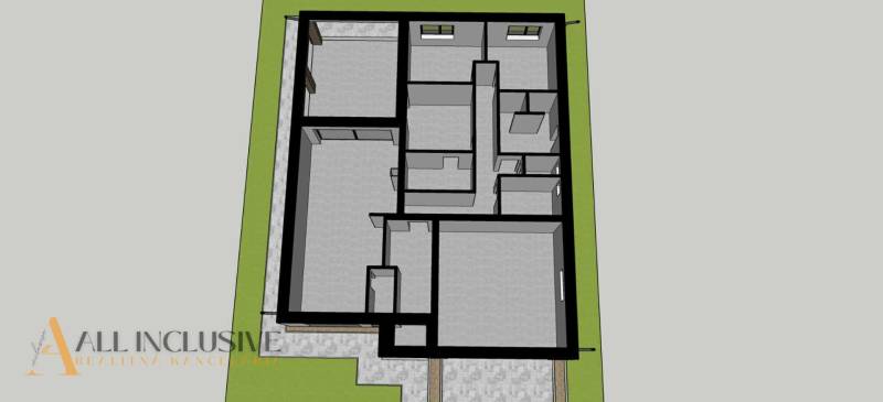 PREDPREDAJ | 4-IZBOVÝ RODINNÝ DOM V OBCI BAJČ - Pôdorys rodinného domu v Bajči s rozmiestnením miestností a dvoma oknami.