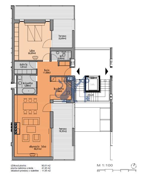 Na prenájom veľký 2- izb. byt na začiatku Koliby s terasou a wellness - Pôdorys 2-izbového bytu na ulici Tupého s terasou, obývačkou a kúpeľňou.