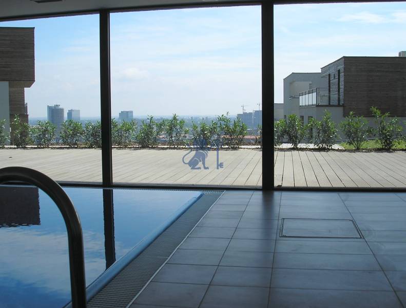 Na prenájom veľký 2- izb. byt na začiatku Koliby s terasou a wellness - Výhľad z bazéna na ulici Tupého s panorámou mesta a 2-izbový byt.