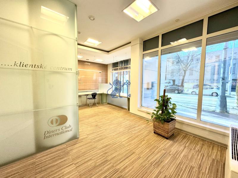 Obchodno- kancelársky priestor s výkladom na Nám. slobody - Interiér klientského centra na ulici Námestie slobody, presklené kancelárie, drevená podlaha.