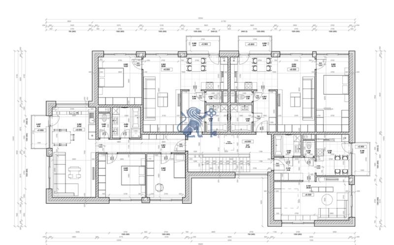 Pozemok s rozostavanou stavbou pre 12 bytov pri Senici - Pôdorys bytu s rozložením izieb a kúpeľní, detailné rozmery. Budova, architektúra.