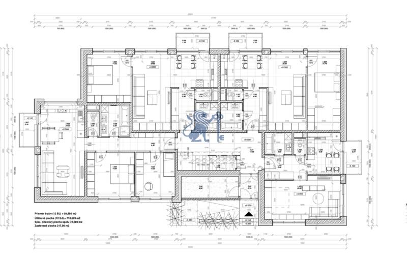 Pozemok s rozostavanou stavbou pre 12 bytov pri Senici - Pôdorys budovy s viacerými bytmi, developerské pozemky, byt 50 m², spoločné priestory.