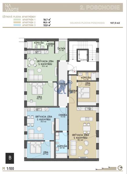 Budova s 8 apartmánmi alebo medicínske centrum, 9 park. miest- Koliba - Plán poschodia so štyrmi miestnosťami, izby, obchodné priestory, ulica Na varte, obytné priestory.