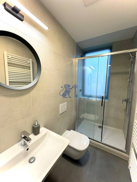 Budova s 8 apartmánmi alebo medicínske centrum, 9 park. miest- Koliba - Kúpeľňa s umývadlom, sprchovacím kútom a zrkadlom v budove na ulici Na varte.