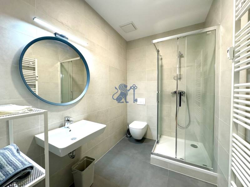 Budova s 8 apartmánmi alebo medicínske centrum, 9 park. miest- Koliba - Kúpeľňa v novostavbe s umývadlom, zrkadlom, sprchovacím kútom na ulici Na Varte.