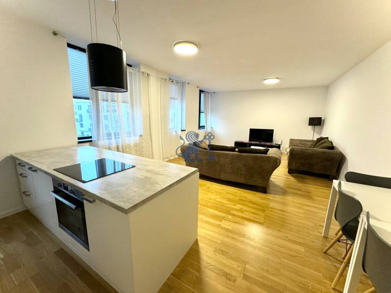 Budova s 8 apartmánmi alebo medicínske centrum, 9 park. miest- Koliba - Svetlá obývačka a kuchyňa, drevená podlaha, pohovky; ulica Na varte, Budova.