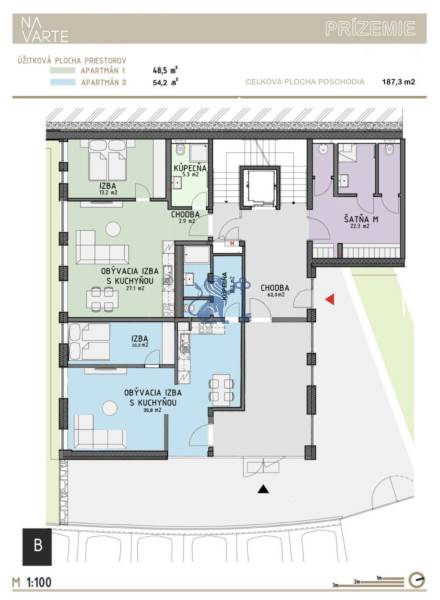Budova s 8 apartmánmi alebo medicínske centrum, 9 park. miest- Koliba - Pôdorys prízemia budovy na ulici Na varte ukazuje apartmány s chodbou a izbou.