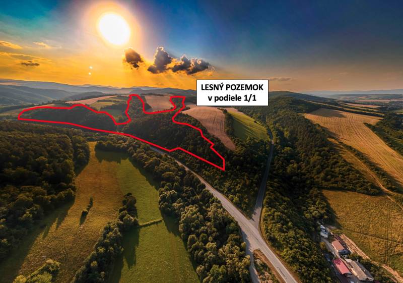 Rokycany – 125.140 m2 LESNÝ POZEMOK v podiele 1/1 - Poľnohospodárske a lesné pozemky pri Rokycanoch pri západe slnka obklopené zeleňou a poliami.