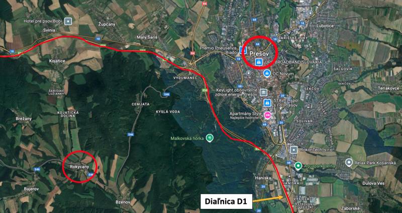 Rokycany – 70.000 m2 LESNÝ POZEMOK v podiele 1/1 - Satelitná mapa okolia Prešova s označenými poľnohospodárskymi a lesnými pozemkami, diaľnica D1.