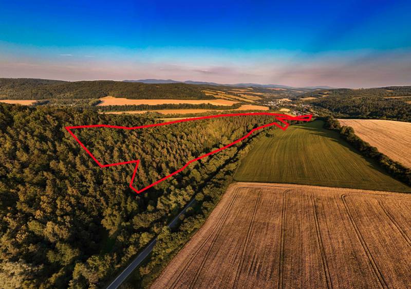 Rokycany – 70.000 m2 LESNÝ POZEMOK v podiele 1/1 - Poľnohospodárske a lesné pozemky pri Rokycanoch, les a polia s červeným obrysom.