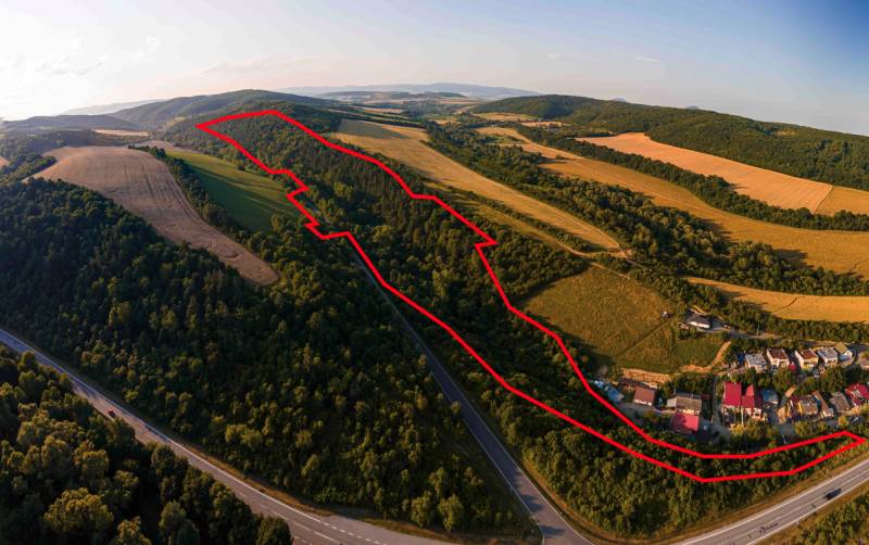 Rokycany – 70.000 m2 LESNÝ POZEMOK v podiele 1/1 - Letecký pohľad na poľnohospodárske a lesné pozemky pri Rokycanoch obklopené zeleňou a cestou.