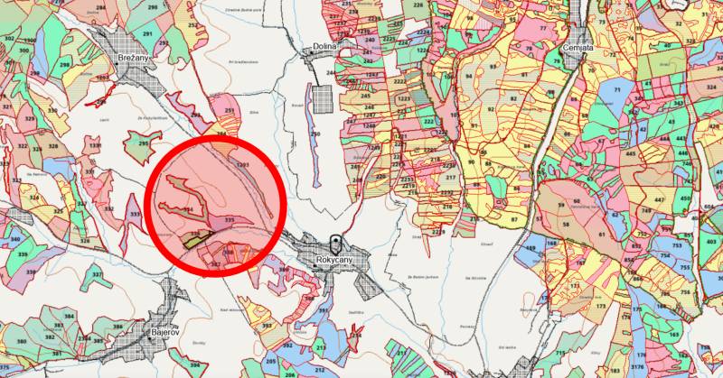 Rokycany – 38.000 m2 LESNÝ POZEMOK v podiele 1/1 - Katastrálna mapa zobrazuje rozdelenie poľnohospodárskych a lesných pozemkov v okolí Rokycian.