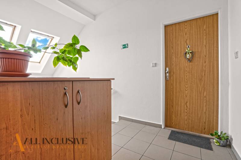 NA PREDAJ 2-IZBOVÝ BYT S 2 BALKÓNMI, DUNAJSKÁ STREDA - Vstup do 2-izbového bytu s drevenou skriňou a kvetinou na podlahe s dekorom dreva.