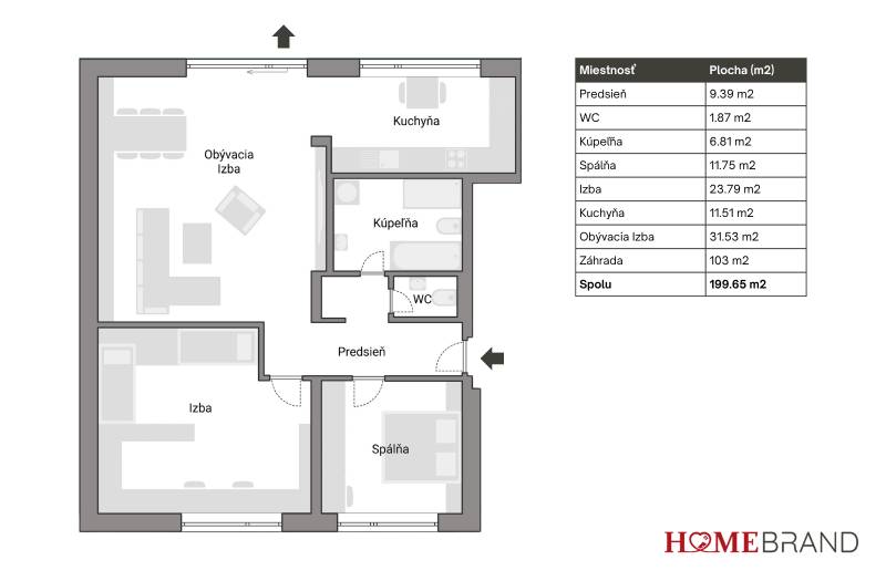 BÝVANIE VO VILA DOME - POSLEDNÝ VOĽNÝ 3-IZBOVÝ BYT SO ZÁHRADOU - Pôdorys 3-izbového bytu s kuchyňou, obývacou izbou a záhradou.