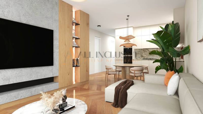 ALL INCLUSIVE I 3 IZBOVÉ BYTY S TERASOU, SO ZÁHRADOU + 2 PARK. MIESTA - Obývacia časť 3-izbového bytu s pohovkou, stolom, a veľkou televíznou obrazovkou.